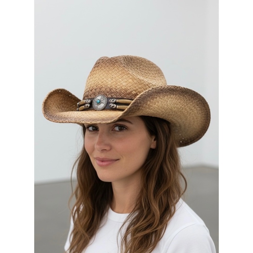 Cody James Women Brown Straw Cowboy Hat Concho Turquoise Bead Western Wide Brim